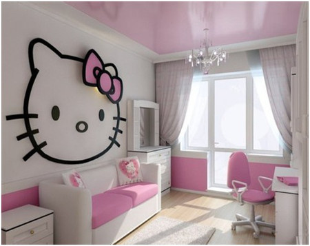 Phòng làm việc nữ tính với hoạ tiết trắng - hồng và chú mèo Hello Kitty.